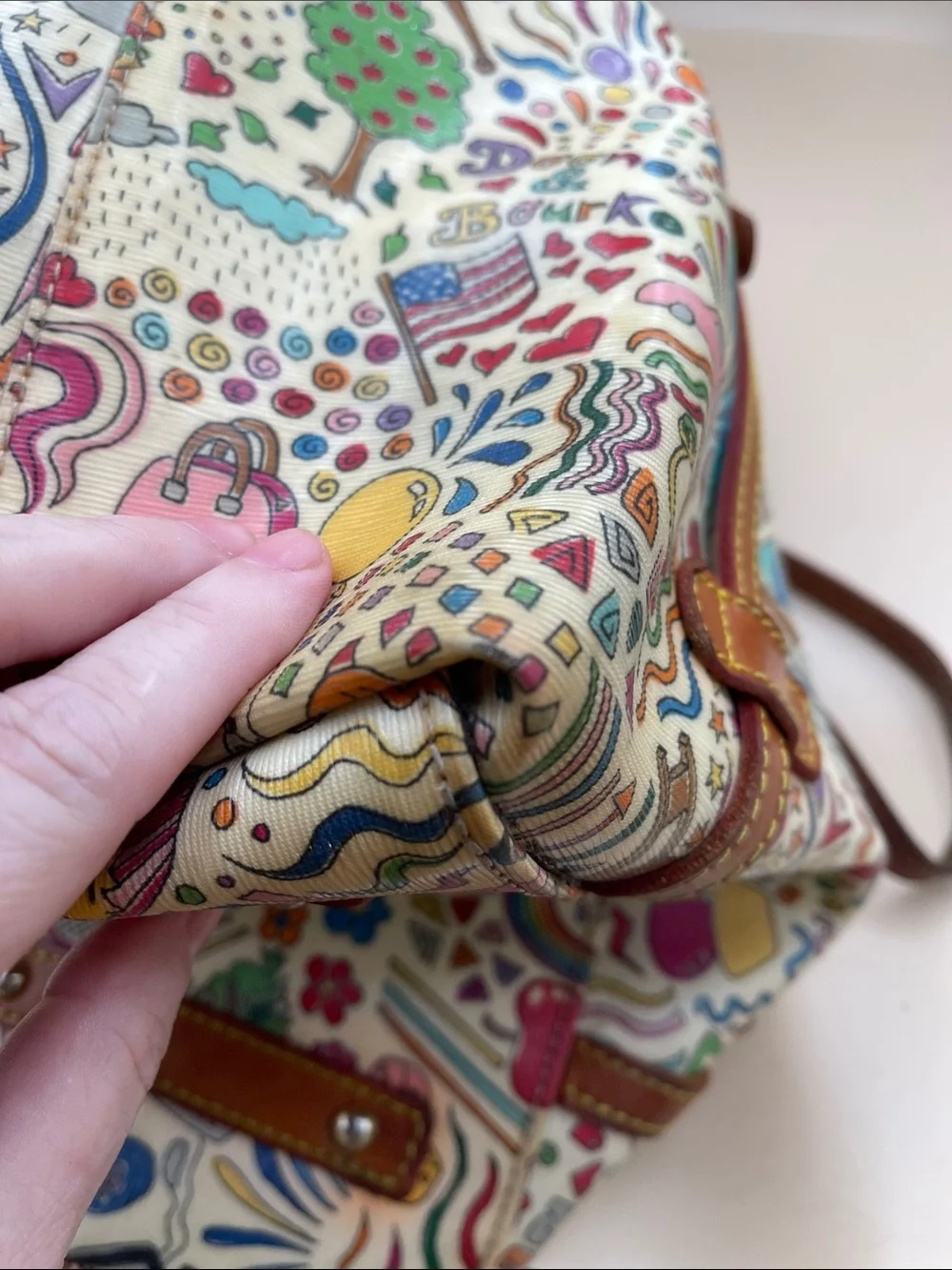 Dooney & Bourke Cream Multicolor Doodle-Print Tote with Brown Trim